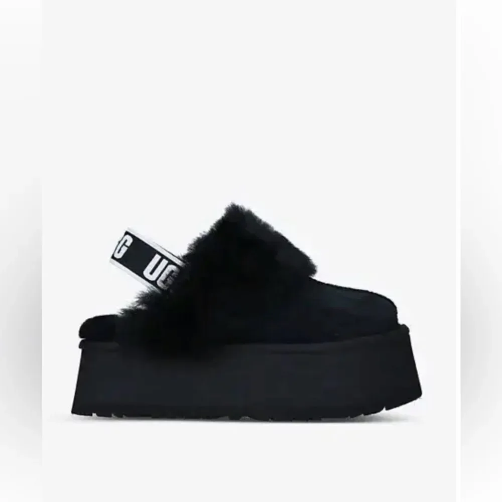 UGG Women's Funkette black fluffy slippers with thick platform sole 8